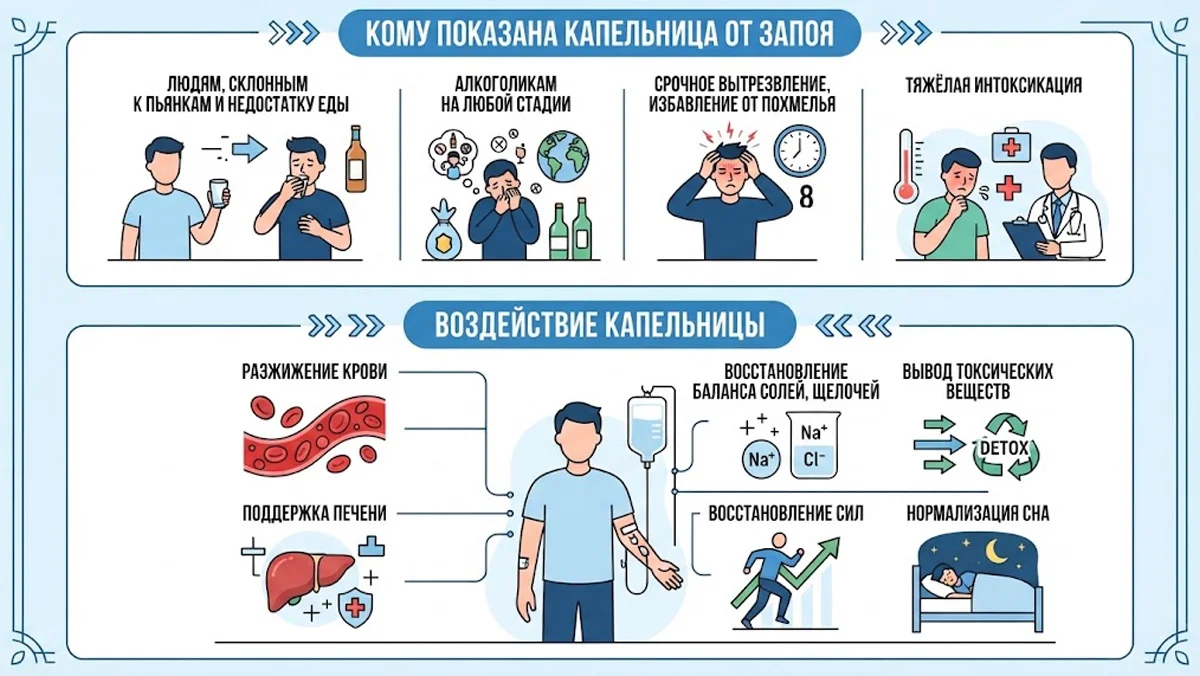 Инфографика: кому показана капельница от запоя и какое воздействие она оказывает на организм (разжижение крови, детоксикация, восстановление баланса и сил).